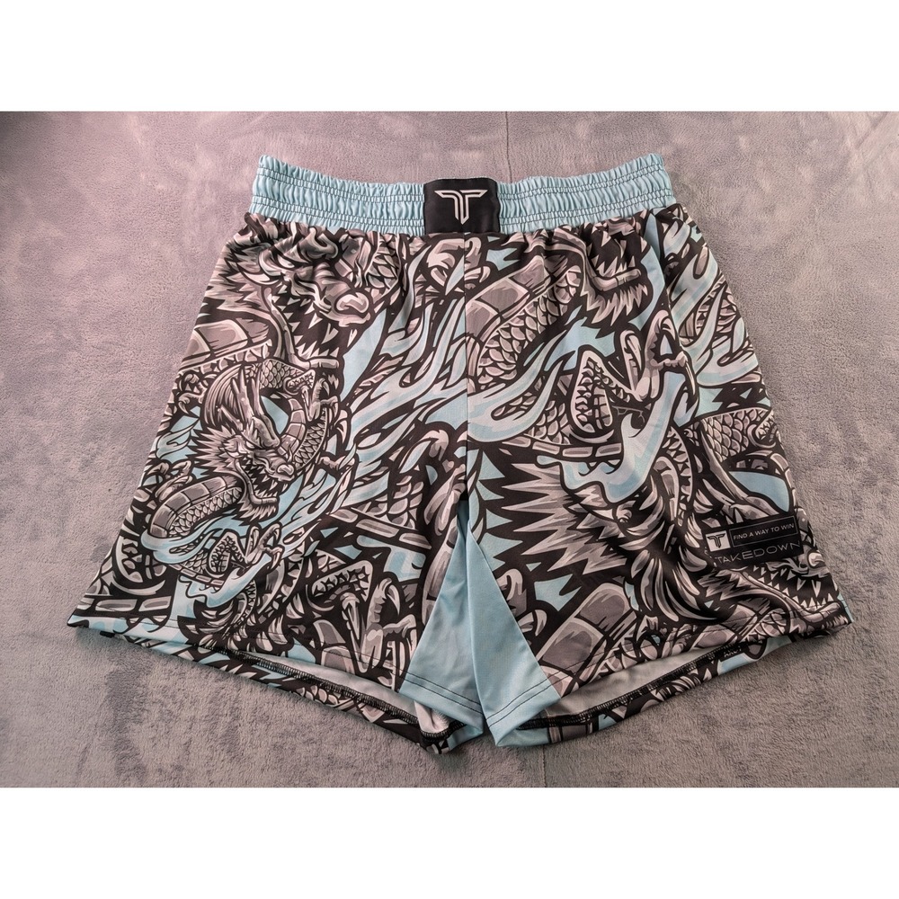 Takedown Wrestling Shorts XL Blue Grey Dragon Graphic MMA Grappling Training